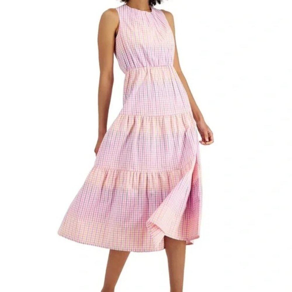 Charter Club Pink Gingham Tiered Midi Dress